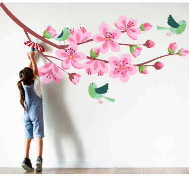 Jarní strom s nálepkou květ zelené ptáky - TenStickers