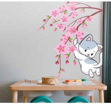 Wandtattoo Blume Katze hängt am frühlingszweig - TenStickers