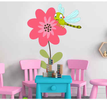 Dragonfly flying to a pink flower door sticker - TenStickers