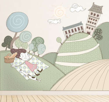 Vinilo ornamental chica alegre haciendo picnic - TenVinilo