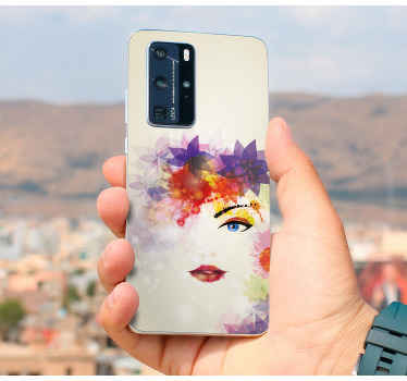 Sticker huawei Chica de moda y diseño de flores. - TenVinilo