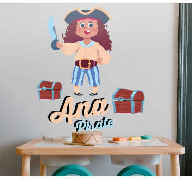 Vinilo habitación infantil Linda niña pirata con tesoro - TenVinilo