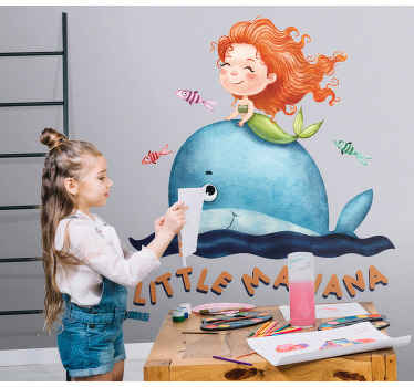 Baby mermaid with Pink whale wall sticker - TenStickers