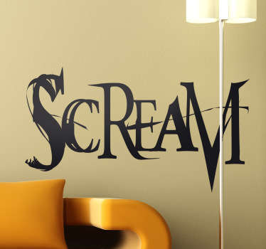Um autocolante de logotipo fantástico da famosa saga americana de filmes de terror sobre um assassino usando uma máscara, grite!
