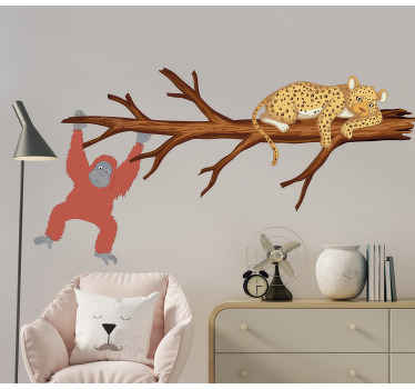 Sticker Animal Jungle Singes chassant un léopard - TenStickers