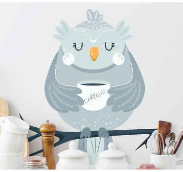 Owl with coffee mug illustration kitchen decal - TenStickers