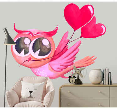 Pink owl with heart balloon bird sticker - TenStickers