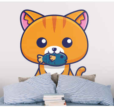 Vinilo Lindo gato comiendo pescado vector de dibujos animados - TenVinilo