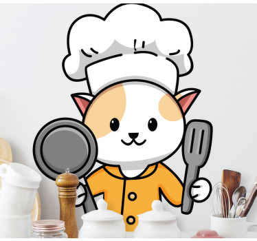 Cute cat chef holding fork and spoon  sticker - TenStickers