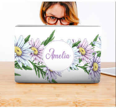 Sticker Ordinateur Portable Joli dessin de marguerite avec nom - TenStickers