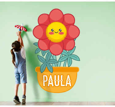 Vinilo flores Maceta naranja con nombre personalizado - TenVinilo