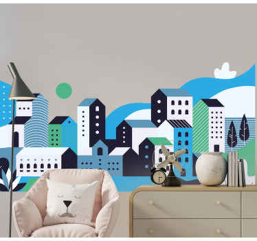 Blå landsby bjerge illustration klistermærker - TenStickers