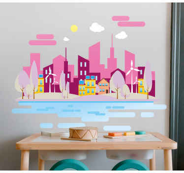 Pink city with sea illustration decal - TenStickers