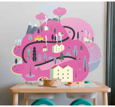 Rosa fjell med hus illustrasjon klistremerker - Tenstickers