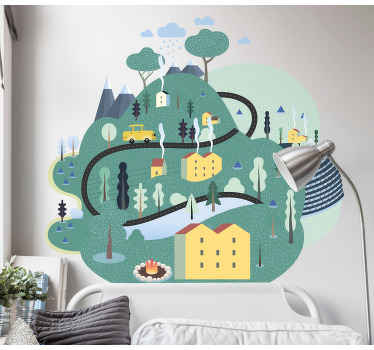 Wandtattoo Zeichnung Grüne berge mit häusern - TenStickers
