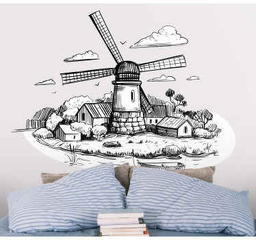 Black and white village drawing vinyl decal - TenStickers