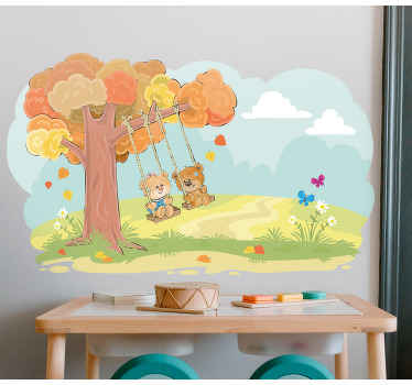 Teddy bears in woodland  illustration decal - TenStickers