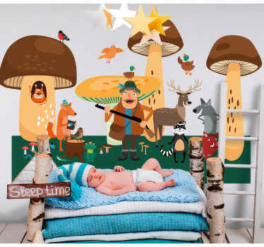 Fåglar i svamp skog illustration dekal - Tenstickers