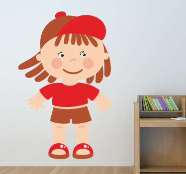 Vinil decorativo de uma ilustração de uma menina com um chapéu, calções e sandálias. Adesivo de parede para decoração de interiores.