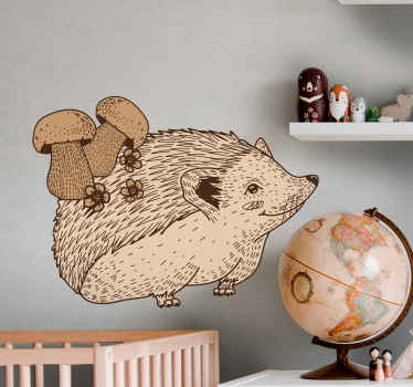 Sketch cute baby hedgehog and mushrooms sticker - TenStickers