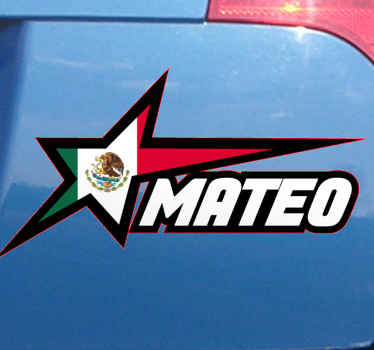 Pegatina para coche Bandera mexicana en estrella y nombre persona - TenVinilo