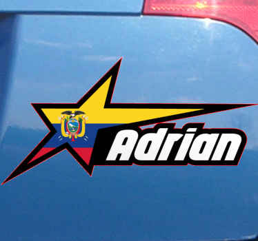 Pegatina para coche Bandera de ecuador en estrella y nombre perso - TenVinilo