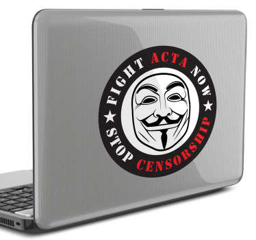 No más censura en internet. Recuérdalo con este adhesivo que incluye la máscara de V de Vendetta asociada con Anonymous.
