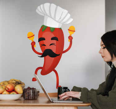 Um desenho de Vinil decorativo interessante da arte da parede da cozinha que ilustra um chef chili de desenho animado. Pode ser aplicado na parede, armário, porta da frigorífico, etc.
