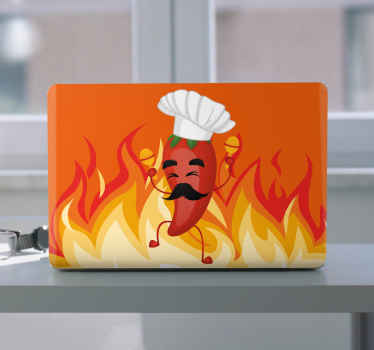 O belo produtoda capa do pc do chef de desenho animado é ilustrado junto com o fundo do efeito de fogo em alta qualidade de imagem.