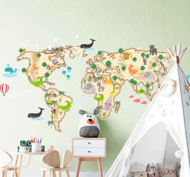 Vinilo mapamundi diseño beige y fauna - TenVinilo