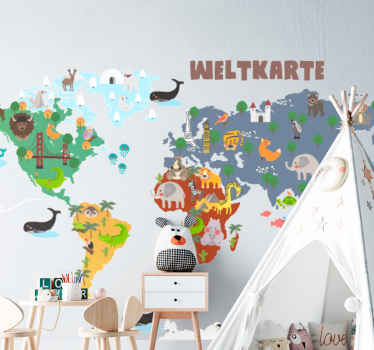 Weltkarte Aufkleber Bunter kontinent mit gebäuden und tieren - TenStickers