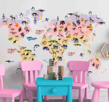 Sticker carte du monde motif animalier pastel - TenStickers