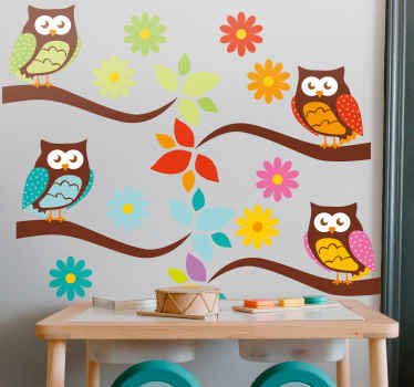 Colorful owls on tree house animal wall decal - TenStickers