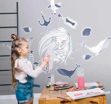 Adesivo murale bambini sirena e creature marine - TenStickers