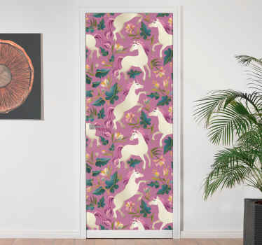 Lyserød og blomstret heste design dør klistermærker - TenStickers