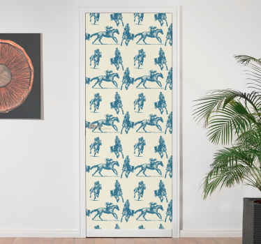 Blå och beige hästmönster dörrdekal - Tenstickers