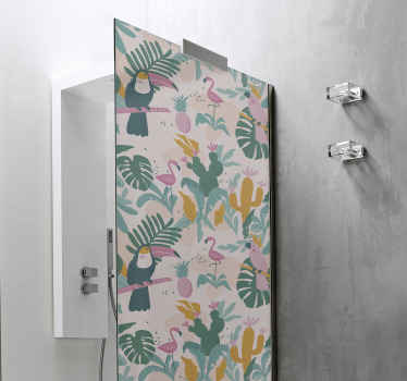 Sticker Paroi Douche Oiseaux verts et feuilles - TenStickers