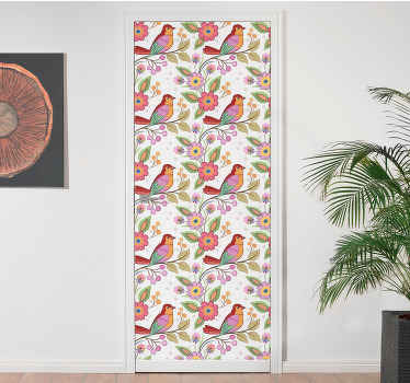 Red and orange bird on green tree door decak - TenStickers