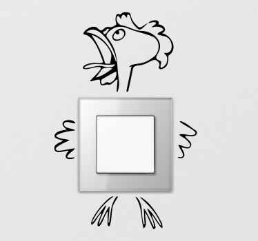 Desenho arte luz interruptor autocolante de um galo. O desenho retrata um galo esmagado com o corpo dividido em pedaços. Disponível em diferentes opções de cores.