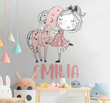 Sticker illustration fille avec poney et nom - TenStickers