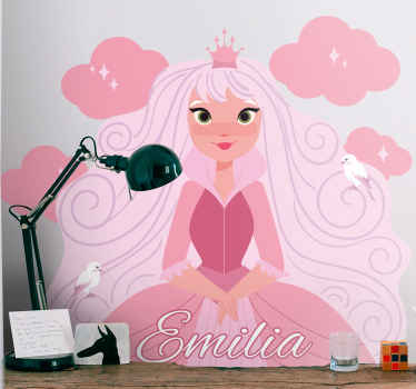 Vinilo ilustración Princesa de color pastel con pájaros y nubes - TenVinilo