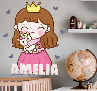 Vinilo personalizable Linda princesa con vestido rosa y nombre - TenVinilo