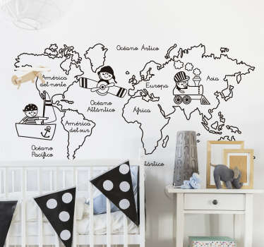 Vinilo mapamundi monocolor ilustración continentes - TenVinilo