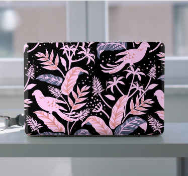 Naklejka na laptopa Czarno-różowe ptaki na liściach - TenStickers