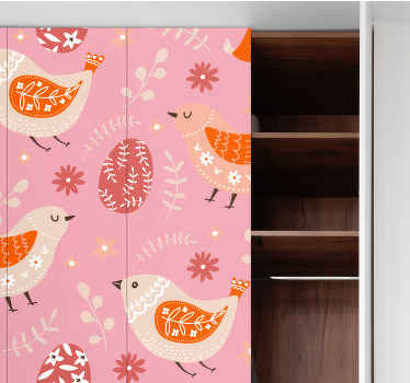Autocolantes para móveis Padrão de arte popular rosa com pássaros - TenStickers