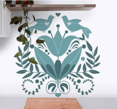 Modrý vzor lidového umění s nálepkou na zeď ptáků - TenStickers