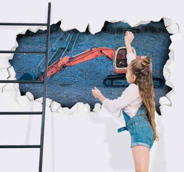 Naklejka na ścianę 3d Rozbita ściana z czerwoną koparką - TenStickers