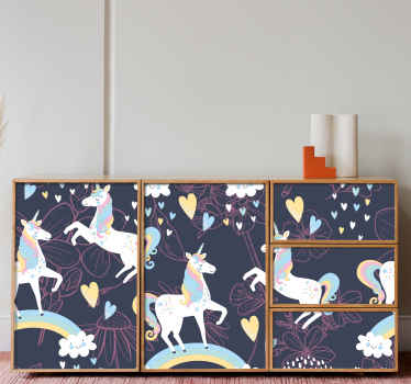 Pink enhjørninger blomstermønster møbelmærkat - TenStickers