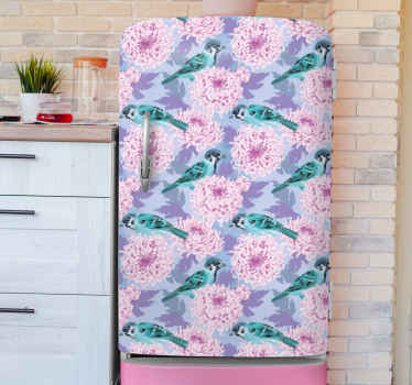 Kuşlar buzdolabı çıkartması ile pembe bahçe çiçekleri - TenStickers