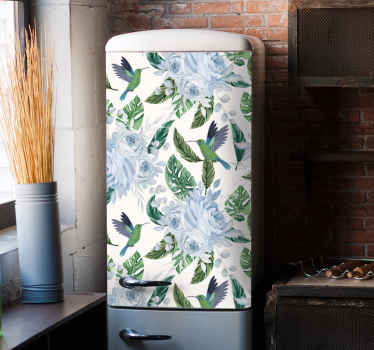 Blue garden flowers with birds fridge decal - TenStickers